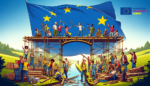 Un gruppo di giovani che costruisce un ponte su un fiume con la bandiera UE e il logo del Corpo Europeo di solidarietà sullo sfondo