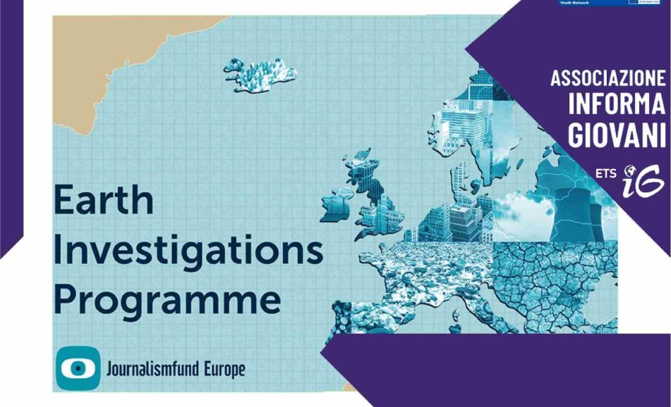 mappa dell'Ue con e scritta Environmental Investigative Journalism in celeste e marrone chiaro